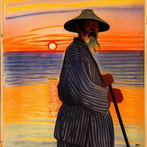 Portrait of OLd Japanese Fishermen,crane bird fishing , sunset, with long beard, on boat, wearing bucket hat, by edvard munch 8k