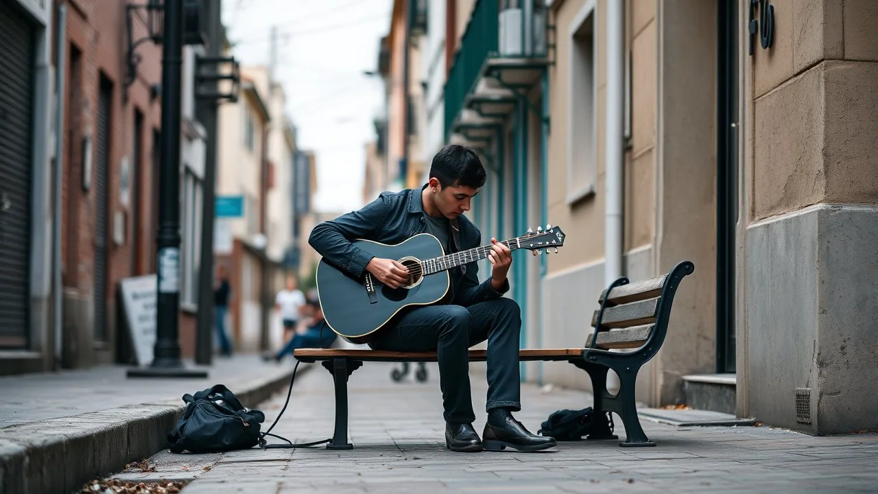 background is random street. side view. random view angle. random street guitarist random the guitar player is sitting on a bench.