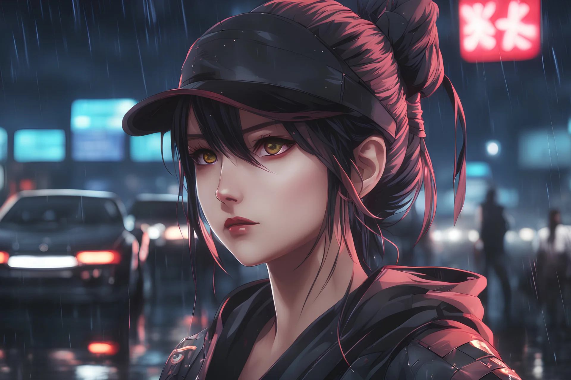tsukuyo in 8k anime artstyle, ninja them, normal eyes, close picture, neon effect, rain, apocalypse, intricate details, highly detailed, high details, detailed portrait, masterpiece,ultra detailed, ultra quality