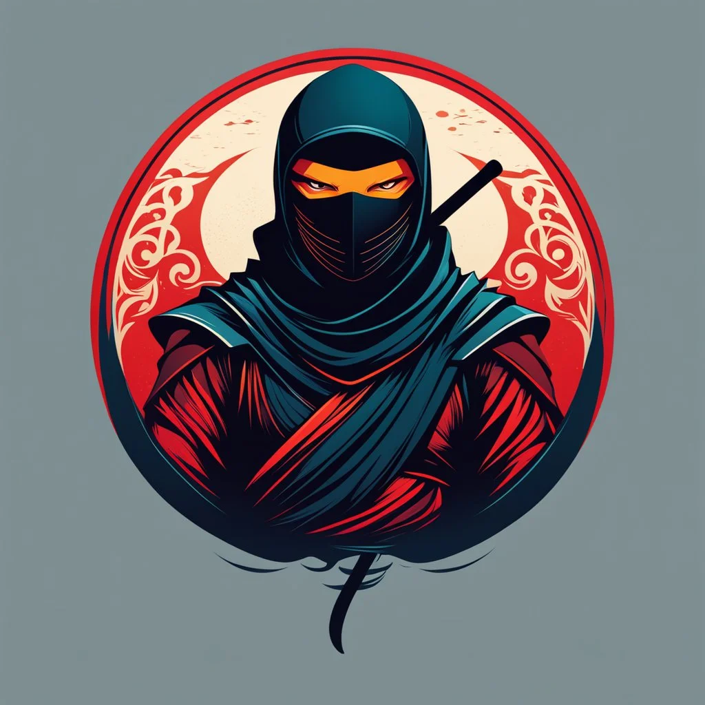 Ilustración minimalista de un ninja arte nouveau lineal colores contrastantes calidad ultra