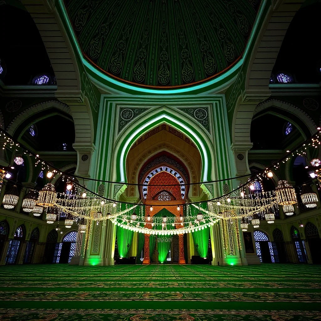 A Dark Green, Light Green & White Aesthetic Looking Islamic Architecture Mosque Interior Crafting Pattern At Night Decorated With Lots Of Garland Lights & Green Cloths.