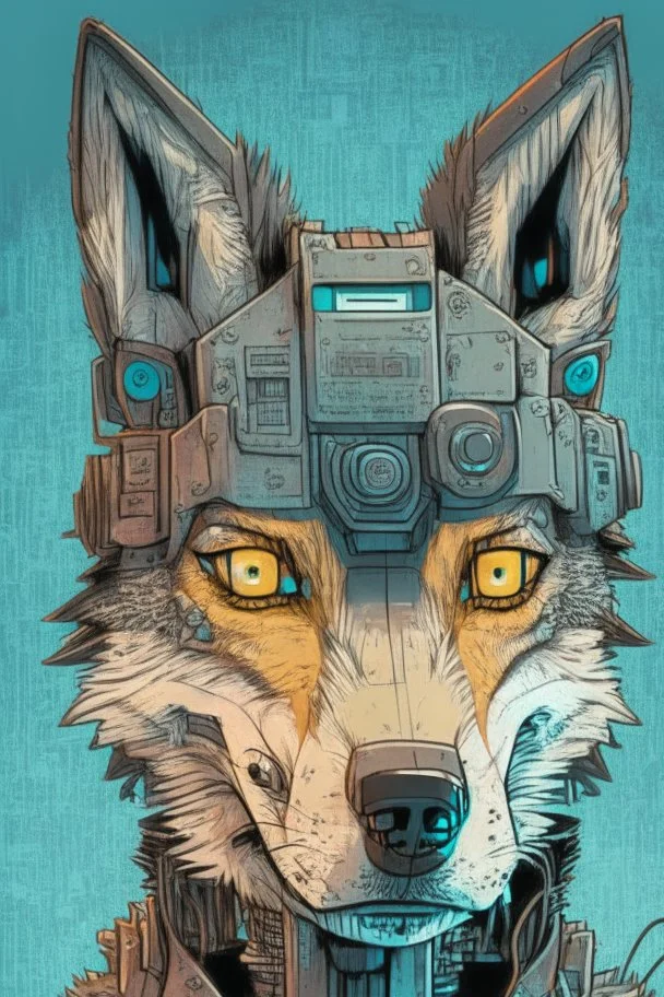 Robotic wolf looking at the camera, comic style
