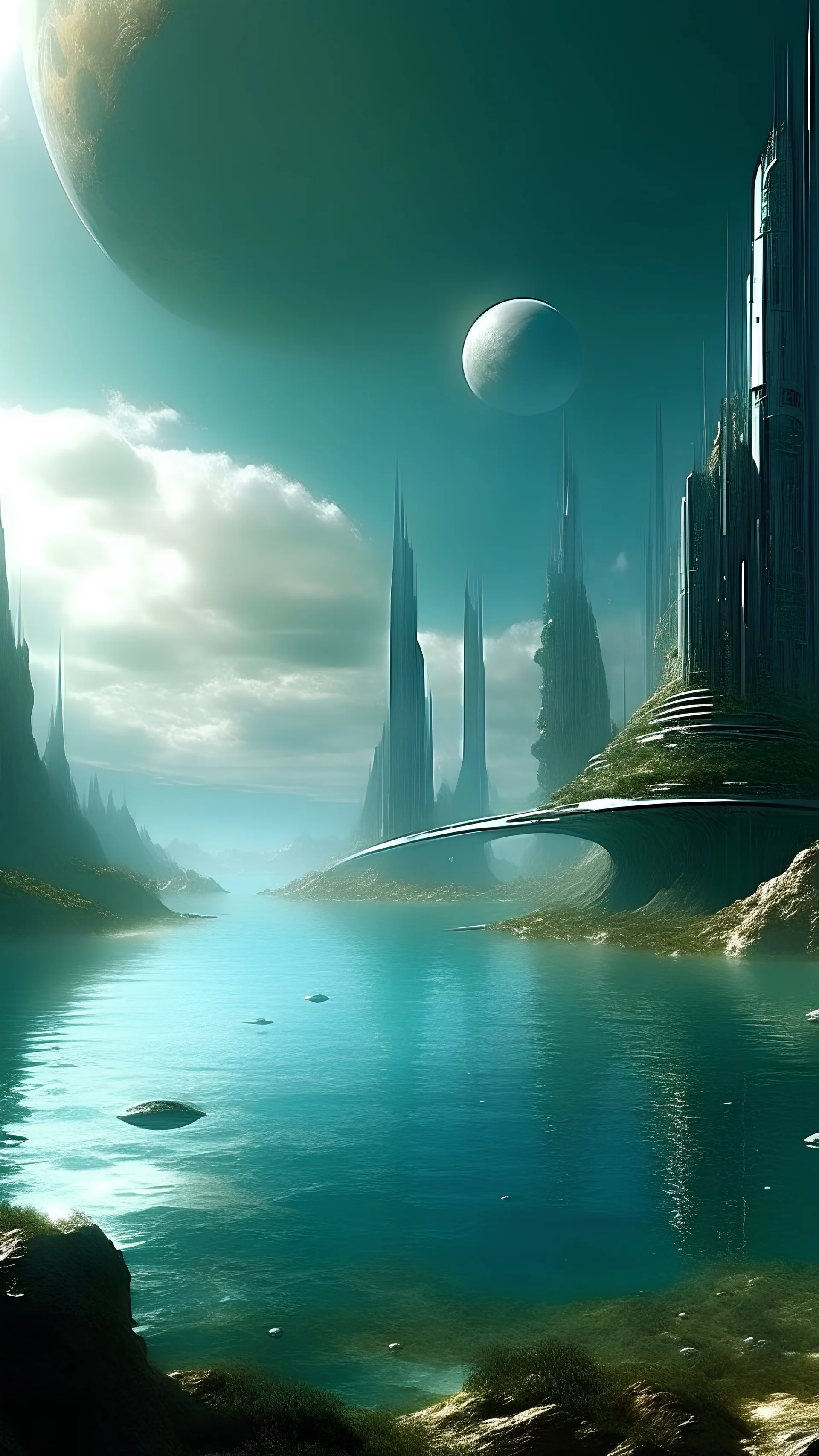 sci fi planet, beautiful, stunning, water city