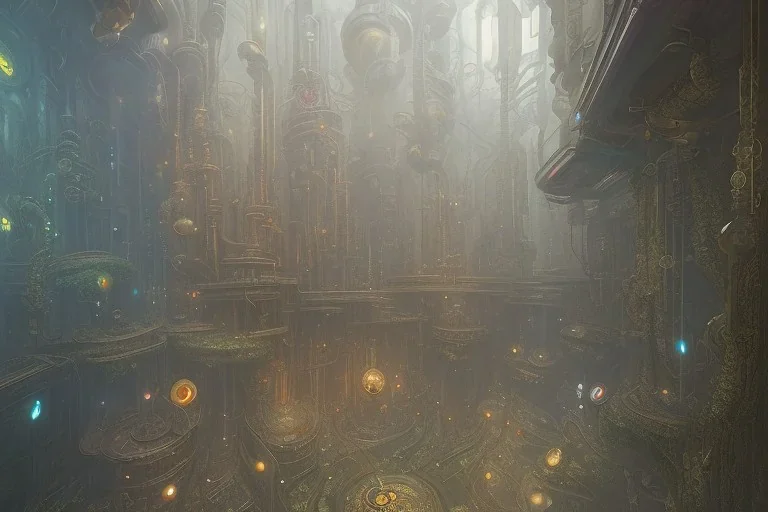 Statue in a niche in a building+Colourful city+ +steampunk+biopunk+alphonse mucha, greg rutkowski, matte painting, cryengine, hyper detailed, felix kelly, fantasy art, seb mckinnon