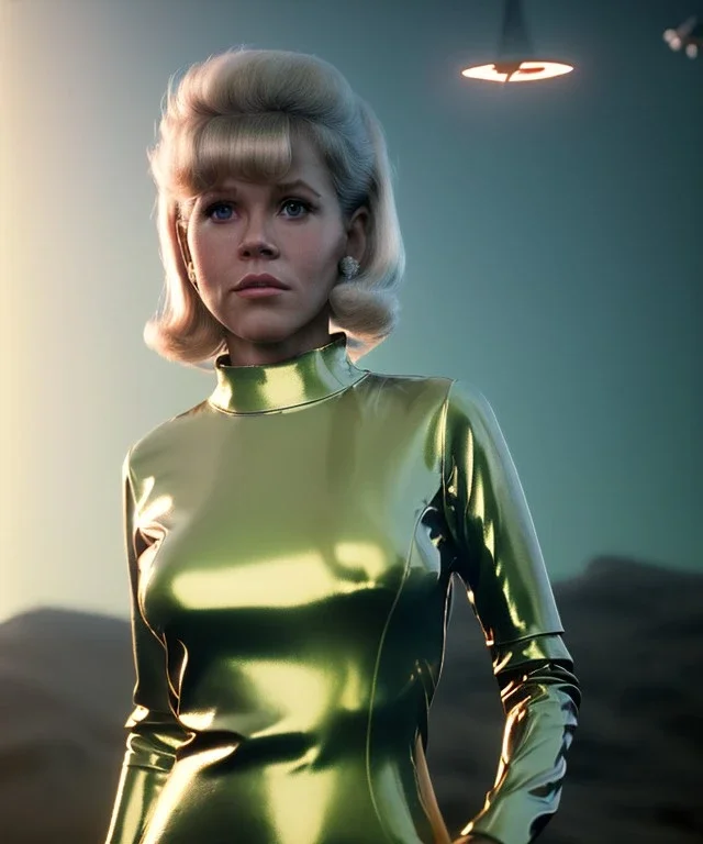 Ultra Realistic retro sci-fi portrait image from 1960, spaceship, sweet young Jane Fonda, dress with tight latex suit, Retro sci-fi weapon, soft color, highly detailed, unreal engine 5, ray tracing, RTX, lumen lighting, ultra detail, volumetric lighting, 3d, finely drawn, high definition, high resolution.