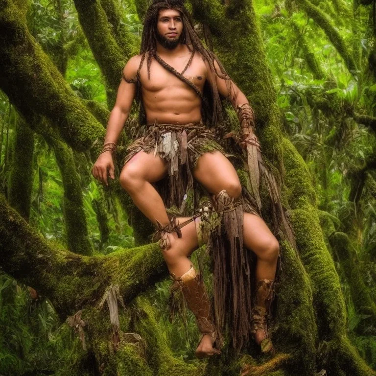 handsome Brazilian spirit warrior that protects the exuberant eerie rainforest