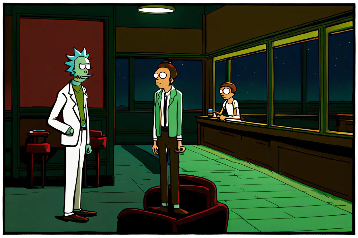 Edward Hoppers "Nighthawks" mit Rick Sanchez und Morty Smith an Stelle des Ehepaars