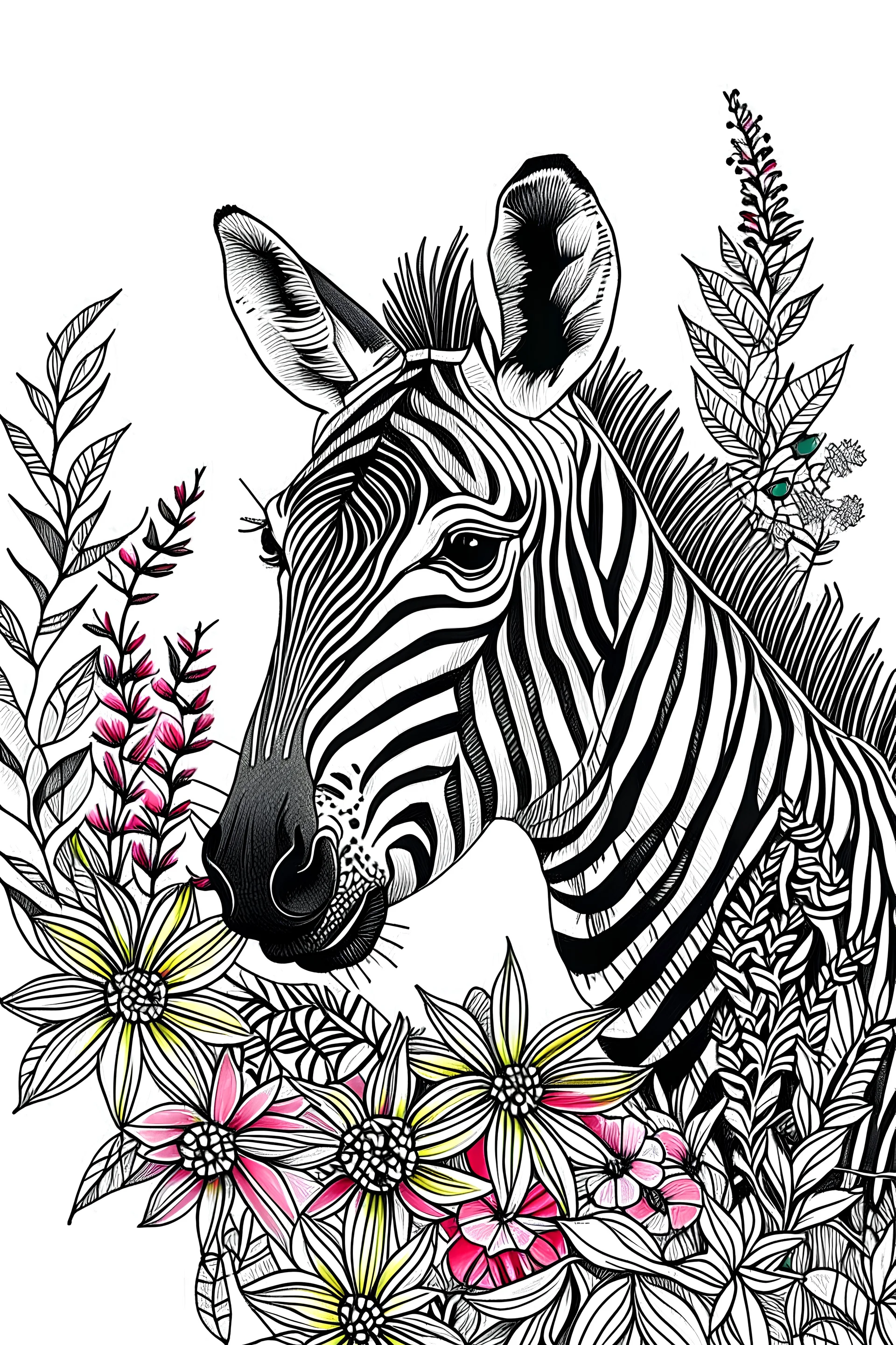 portrait of zebra and background fill with flowers on white paper with black outline only