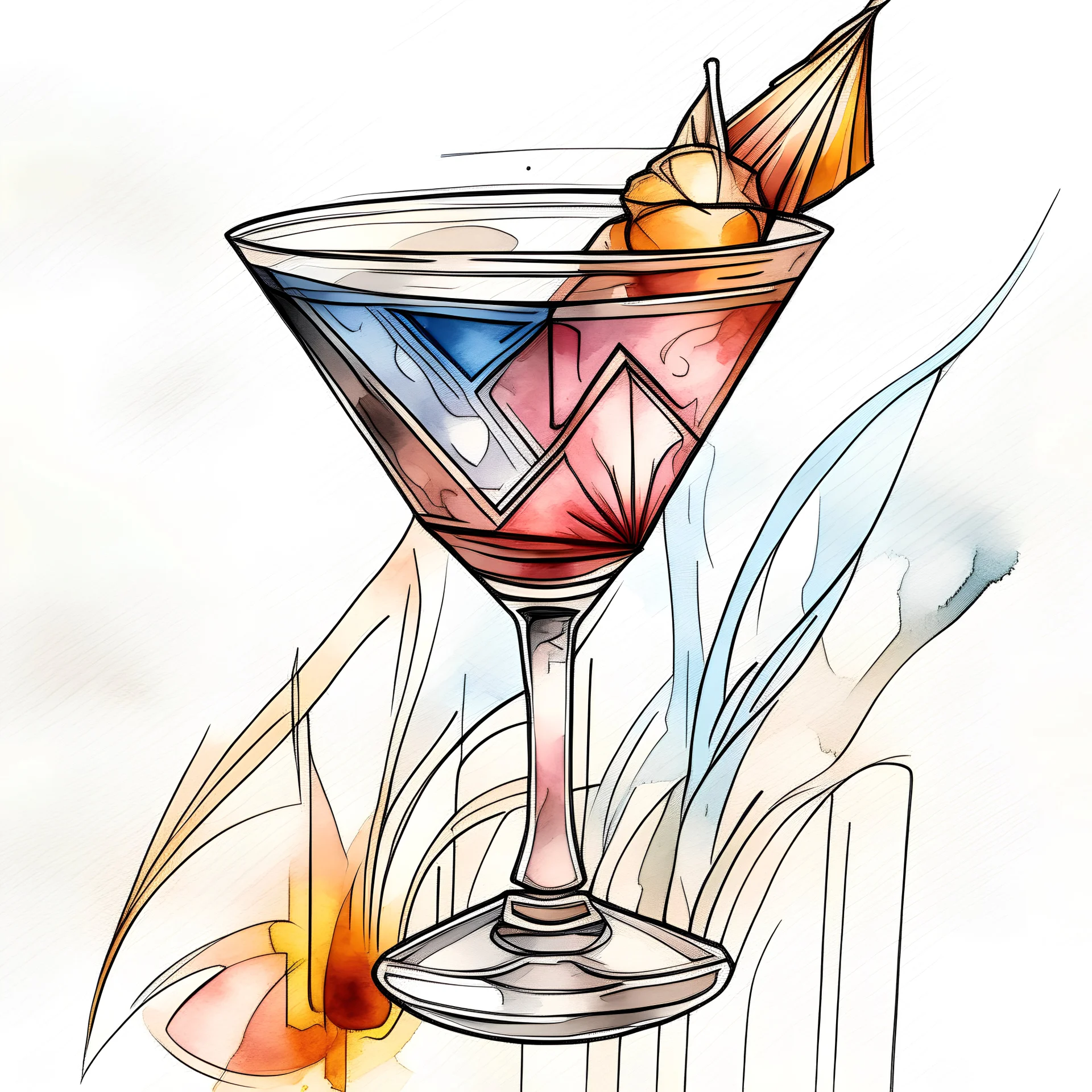 sketch of art deco style cocktail with realistic textures, very loose ink and soft watercolor washes