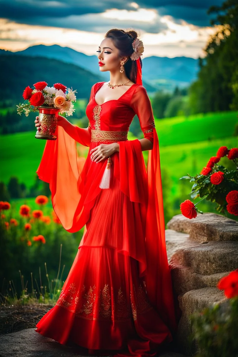 a woman in a red dress holding a vase, creative colorfull - makeup, with professional makeup, very very very beautiful face , nice country side with hills ,waterfall over a river with clear water,girls with perfect pretty face in folk costums closeup , very nice mountains at distant, nice clouds in sky ,wide green field with