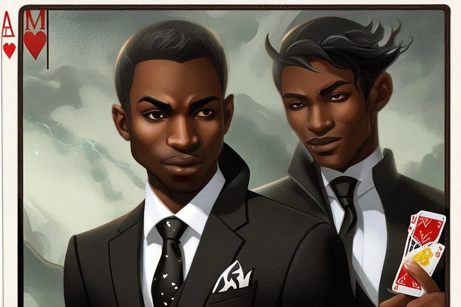 Dashing black man in a suit, holding a deck of cards. There's a young fey dragon with him.