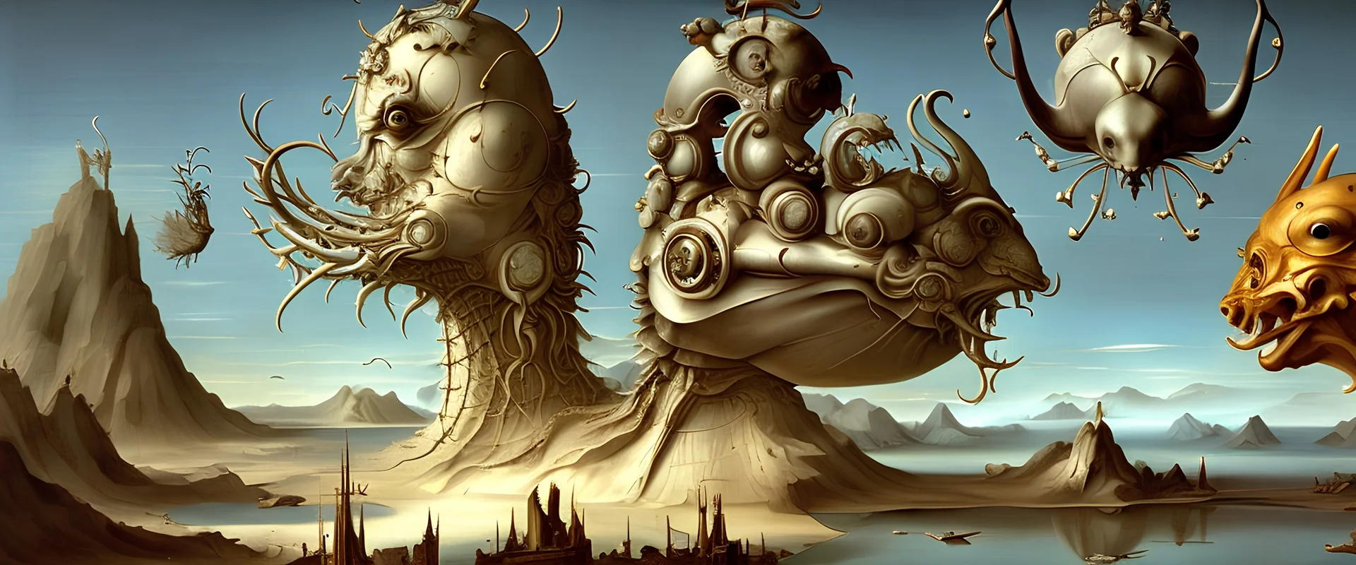 Mr Salvador Dali and Mr Hieronymus Bosch meeting each other at an outdoor surrealist market, a herd of dream-like sky-fish swim high in the distance, surreal outdoor summer scene with intricate fractal sky, very high detail, photorealistic, 8K