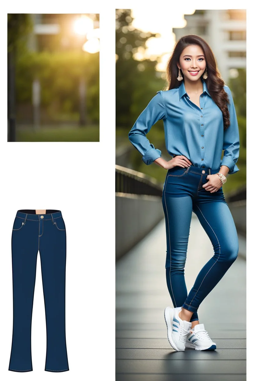 simple background a beautiful young lady wearing jean pants and blue blouse full body standing pose,sport shoes