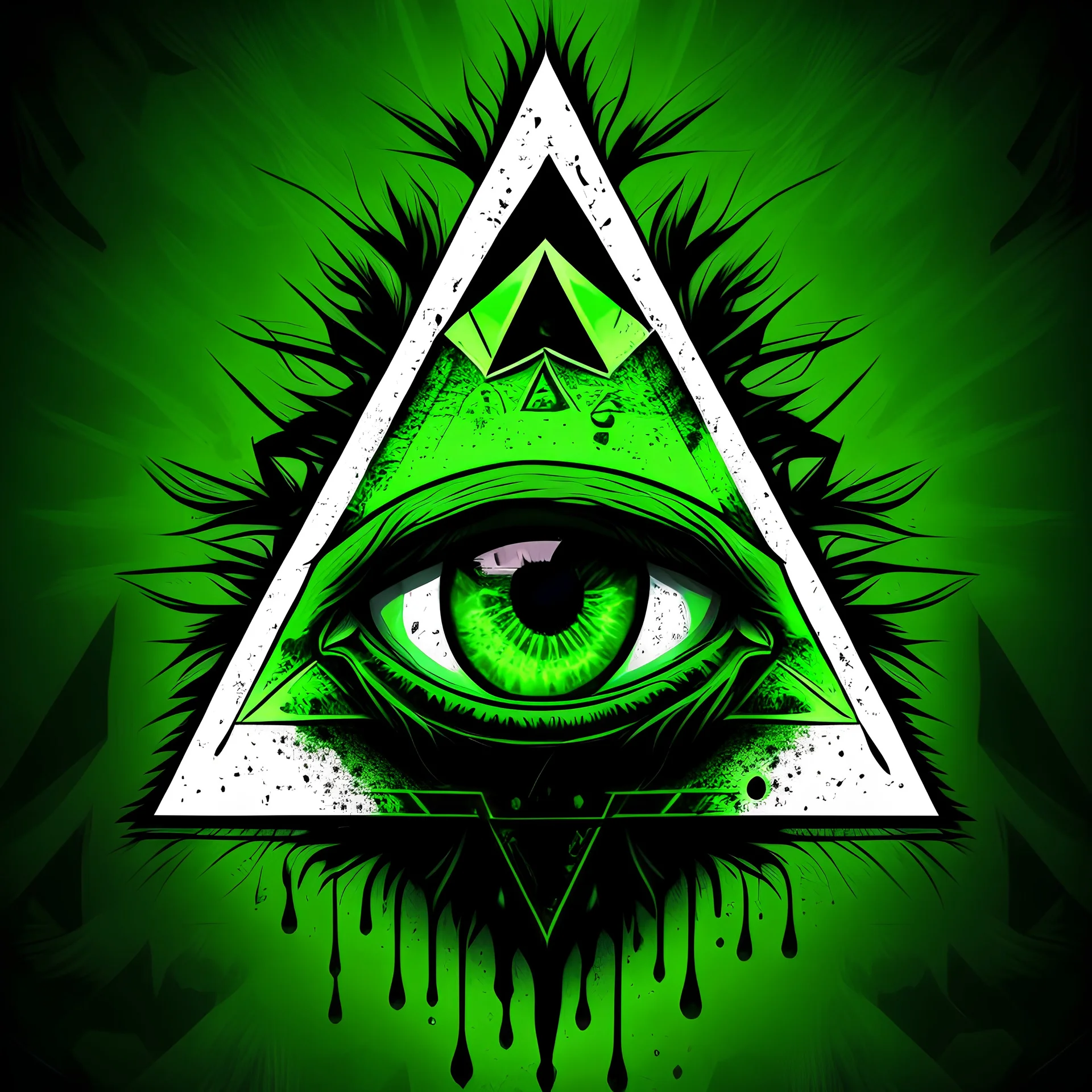 create a vector style illustration of a triangle with a mystical style eye with zombie green touches