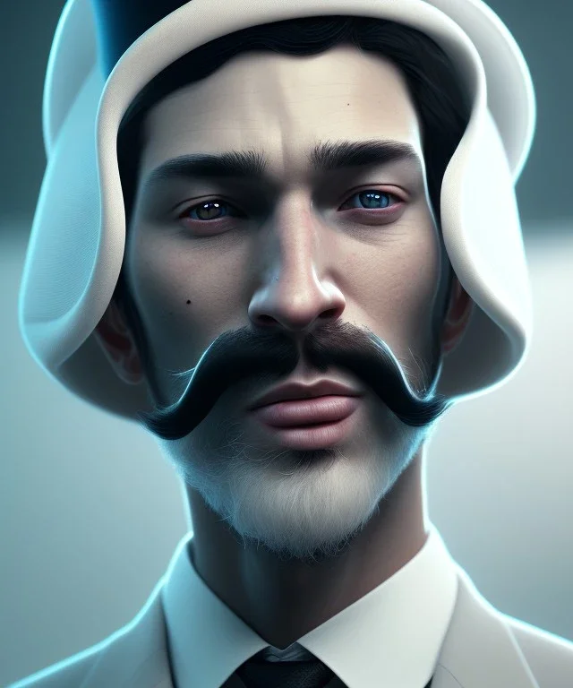 Docotor, black mustache, white toxido, black tie, black hat, head and shoulders portrait, 8k resolution concept art portrait by Greg Rutkowski, Unreal Engine 5 volumetric lighting