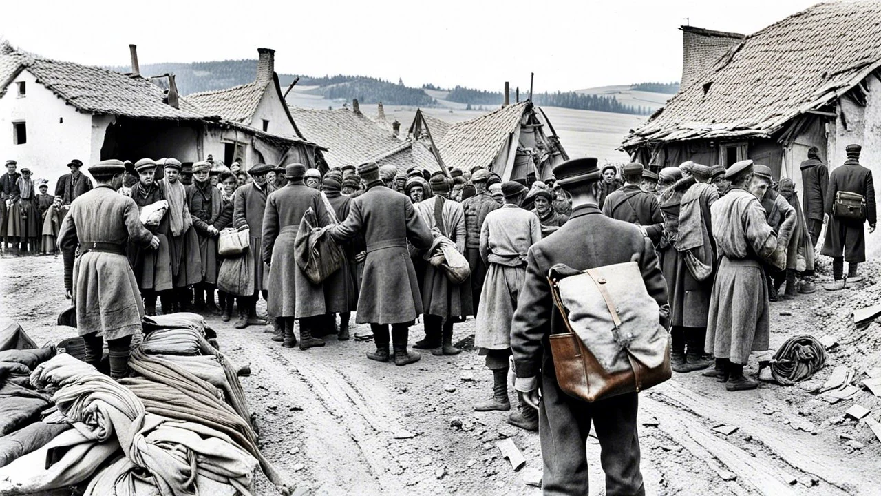 an man in a dark european, hungarian postman's uniform standing with his back to the camera with a large postman's bag on his left shoulder, he is only half visible from the european-hungarian villagers gathered around him, surrounded by men and women in vintage poor cloths. Some villagers are holding letters in their hands, sad and crying faces, a little boy staring at the postman, a crying little girl clinging to her mother's skirt, two women crying , high realistic, perfect photo