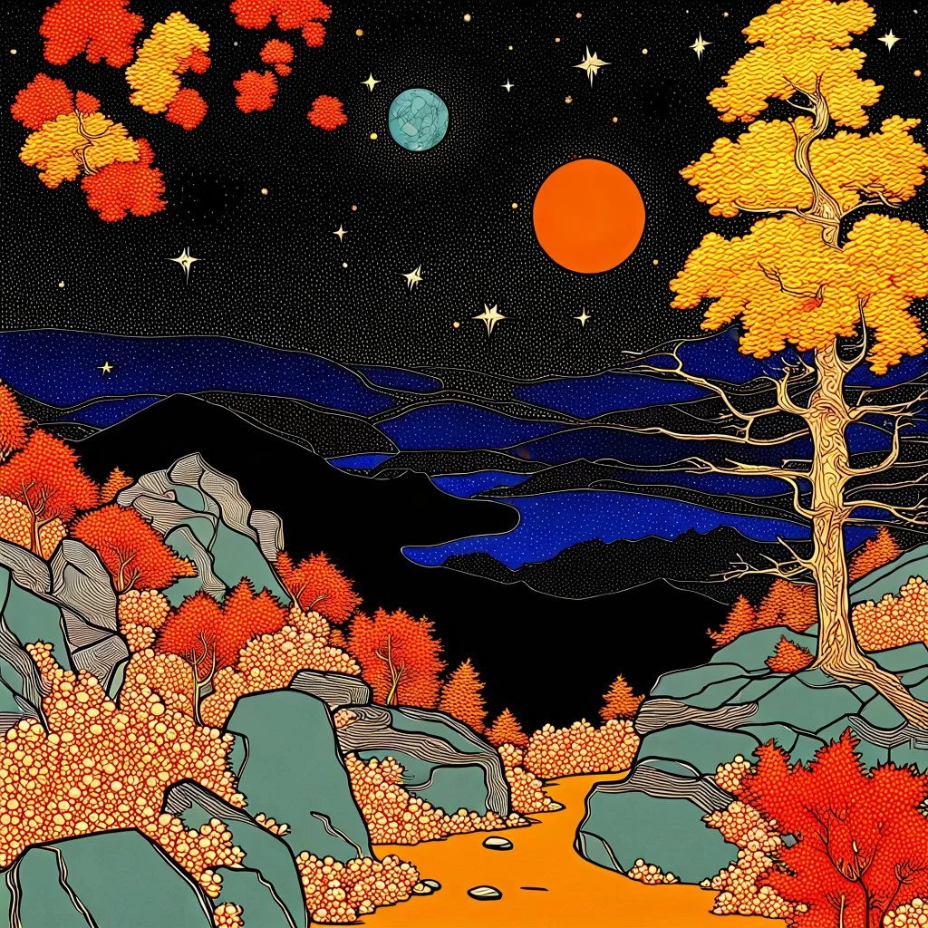 Autumn colors, peaceful, Egon Schiele, Max Ernst, night sky filled with galaxies and stars, rocks, trees, flowers, one-line drawing, sharp focus, 8k, deep 3d field, intricate, ornate, one million strokes. strong colors