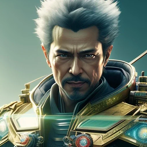 A portrait of a crystallized Robot samurai, ultra realistic, unreal engine, cinematic lighting, octane render, cosmic ambiance, masterpiece art by Yoji Shinkawa,