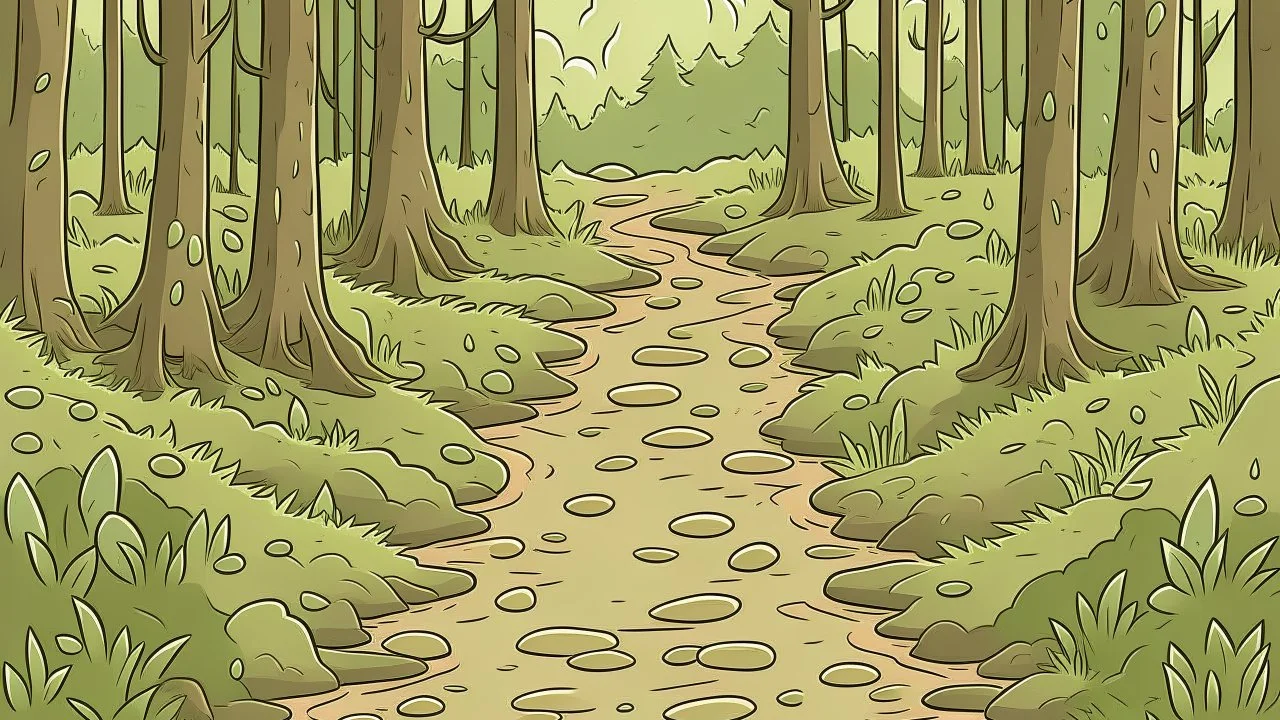 Cartoon style Forest with trees, muddy footprints in the path, in the middle of the picture. Trees on the left and right from the path.