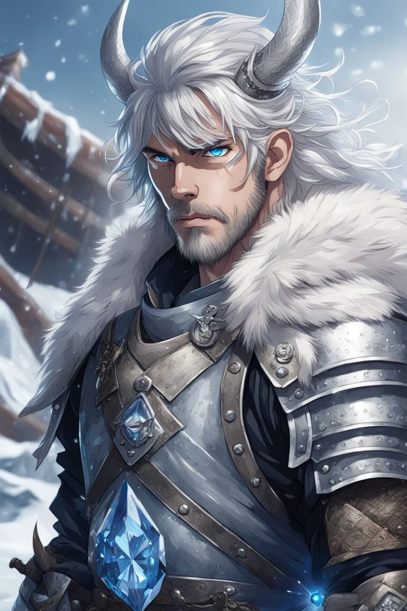 in anime style, 1man, a man with blue eyes and silver hair man in silver Viking armor with fur around the neck with blue crystal on his chest holding an axe in his hands standing on a pirate ship in the artic, warrior in anime style,