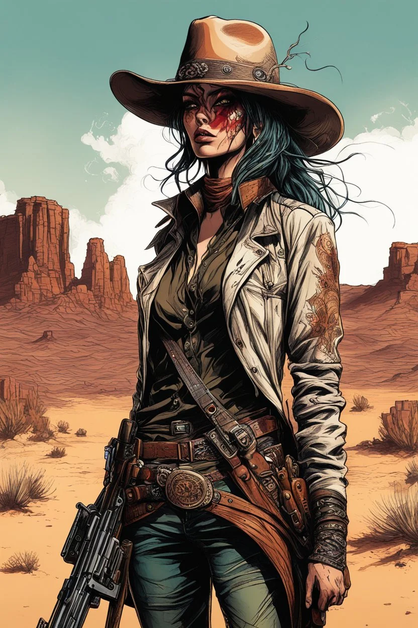 highly detailed full body concept illustration of Wild West female anti heroine gunslinger in the desert Southwest , maximalist, sharp focus, finely detailed facial features, highest resolution, in the styles of Alex Pardee, Denis Forkas , and Masahiro Ito, boldly inked, 8k, coarse, gritty textures