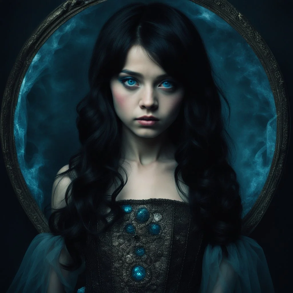 portrait of a 15 year girl with black hair and blue eyes, toned body and haunted expression