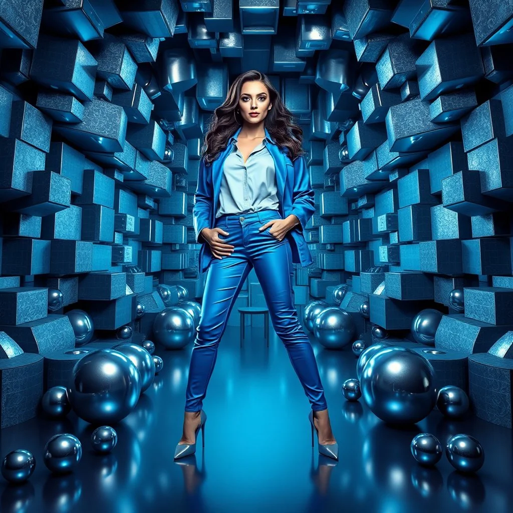 make a picture pretty stage made of metallic cyan-gray teme 3d fractal recursive cubic and sphere base structures and a beautiful fashion model lady posing with cute,with blue teme Chic style pants with a tight shirt and jacket,high heels ,makeup curvy long hair,dynamic camera zoom to full body and pan, dynamic lights.