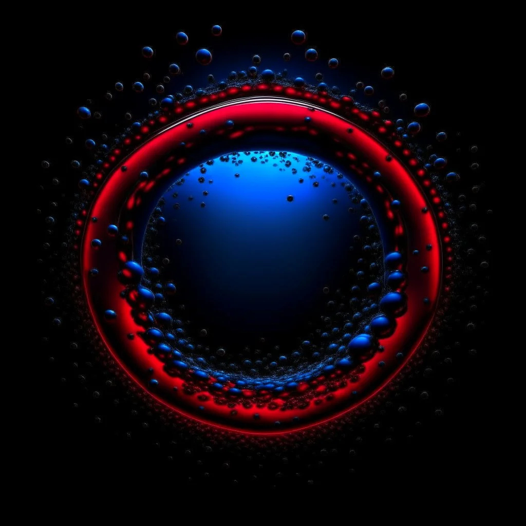 circle of waterdrops, dark romantic atmosphere, dark neon red and blue