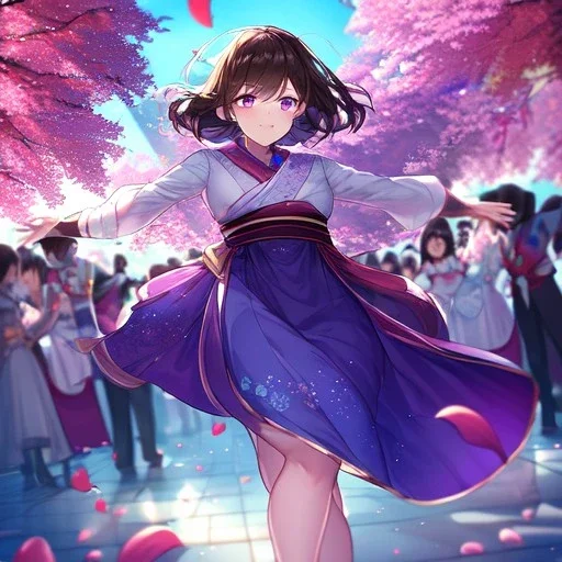 Clear focus,High resolution, one girls, Short brown hair, Purple eyes, Wearing a kimono, dancing with blurry sakura leafs falling down