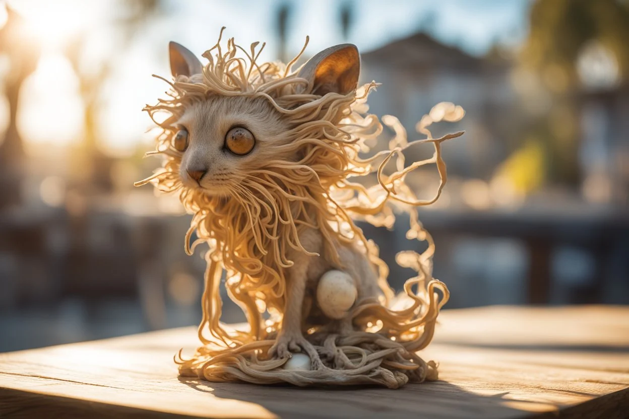 Double exposure, merged layers, Little sculpture of an italian pasta creature made with concrete and driftwood and mother-of-pearl and low voltage filament lit, golden patina, in sunshine, corrosion, heart and love, A beautiful little manul catches the pasta while standing on a wooden table in sunshine, ethereal, cinematic postprocessing, bokeh, dof