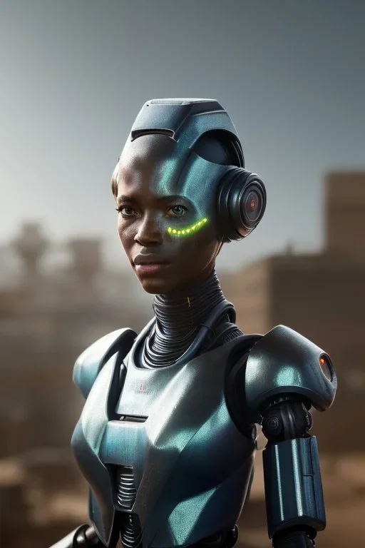 Beautiful portrait of african robot, post-apocalypse cybernetic in a cyberpunk city, sci-fi fantasy style, 8k,dark