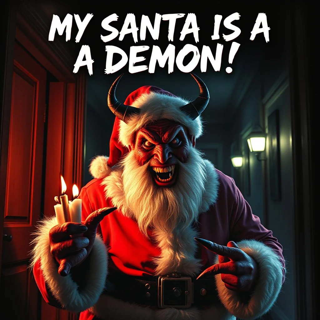 Horror Movie Poster With The Title Of "My Santa Is A DEMON!" (with a horror sharp brush font) featuring a Santa In Demon form showing creepy terrifying smile doing satanic ritual in a dark mansions' hallway at dark night.