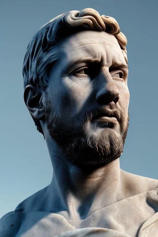 Ultra Realistic image, classical renaissance sculpture, marble material, Lionel Messi, emperor style, chisel style, waist up portrait, epic, celestial, cinematic lighting, God light, god rays, 4k resolution, smooth details, ornate details, soft lighting, unreal engine 5, sky background.