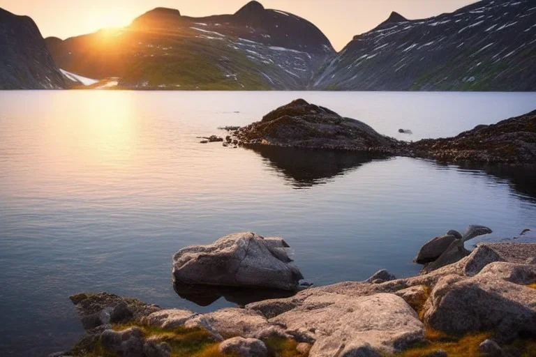 highly detailed glacial lake landscape, sunset, cinematic lighting, 4k, 8k, octane render, trending on 500px, pinterest, extremely detailed, ambient lighting, single frame, small fiberglass sea kayak on rock pebble beach in foreground, norway, iceland, fjord