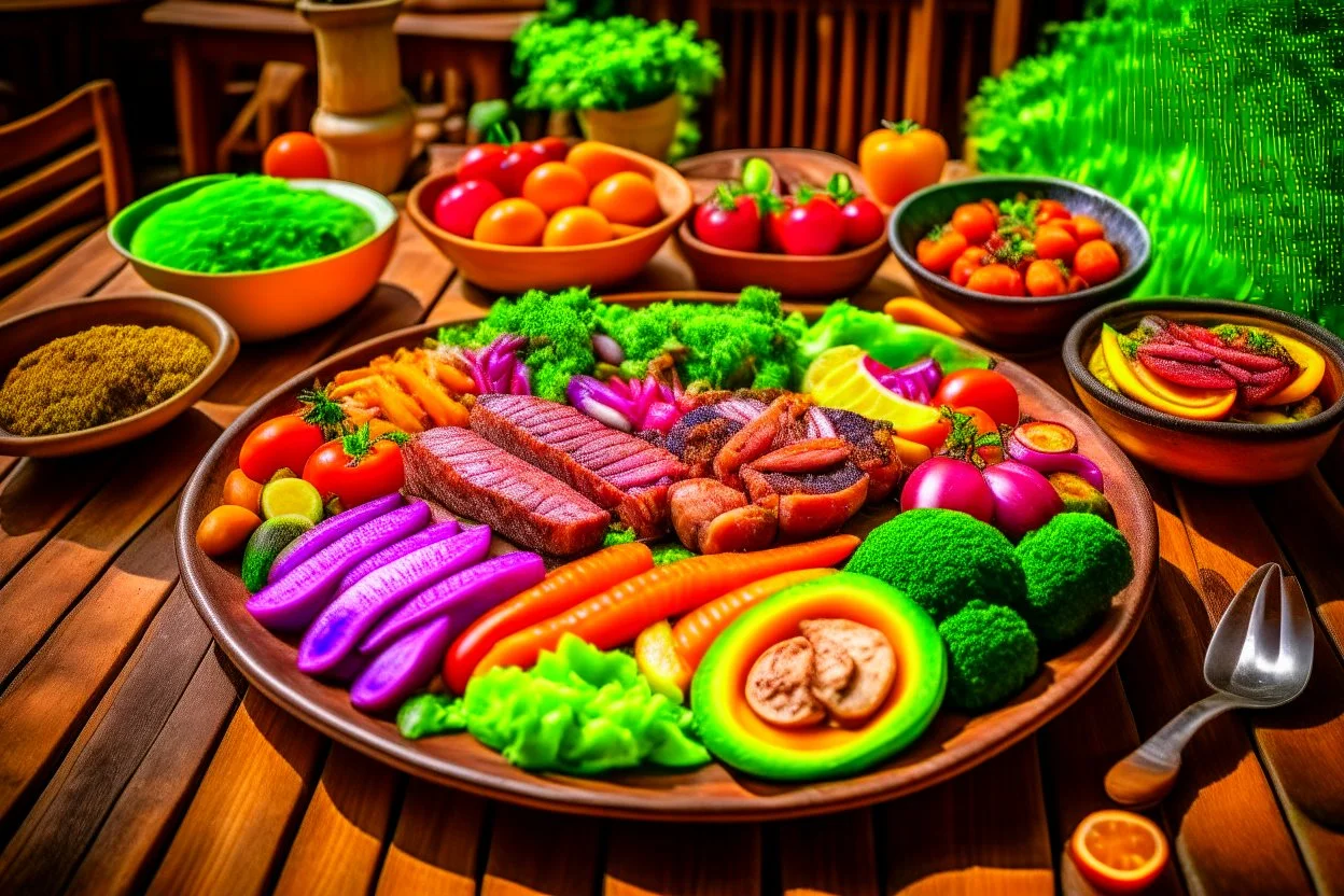 The picture shows a tasty and enticing dish containing a variety of tasty and colorful foods. The foods include perfectly grilled meat slices and crispy fresh vegetables pulsating with colors and flavors. The background shows a simple wooden table and a warm climate that feels comfortable and enjoyable to the eating experience.