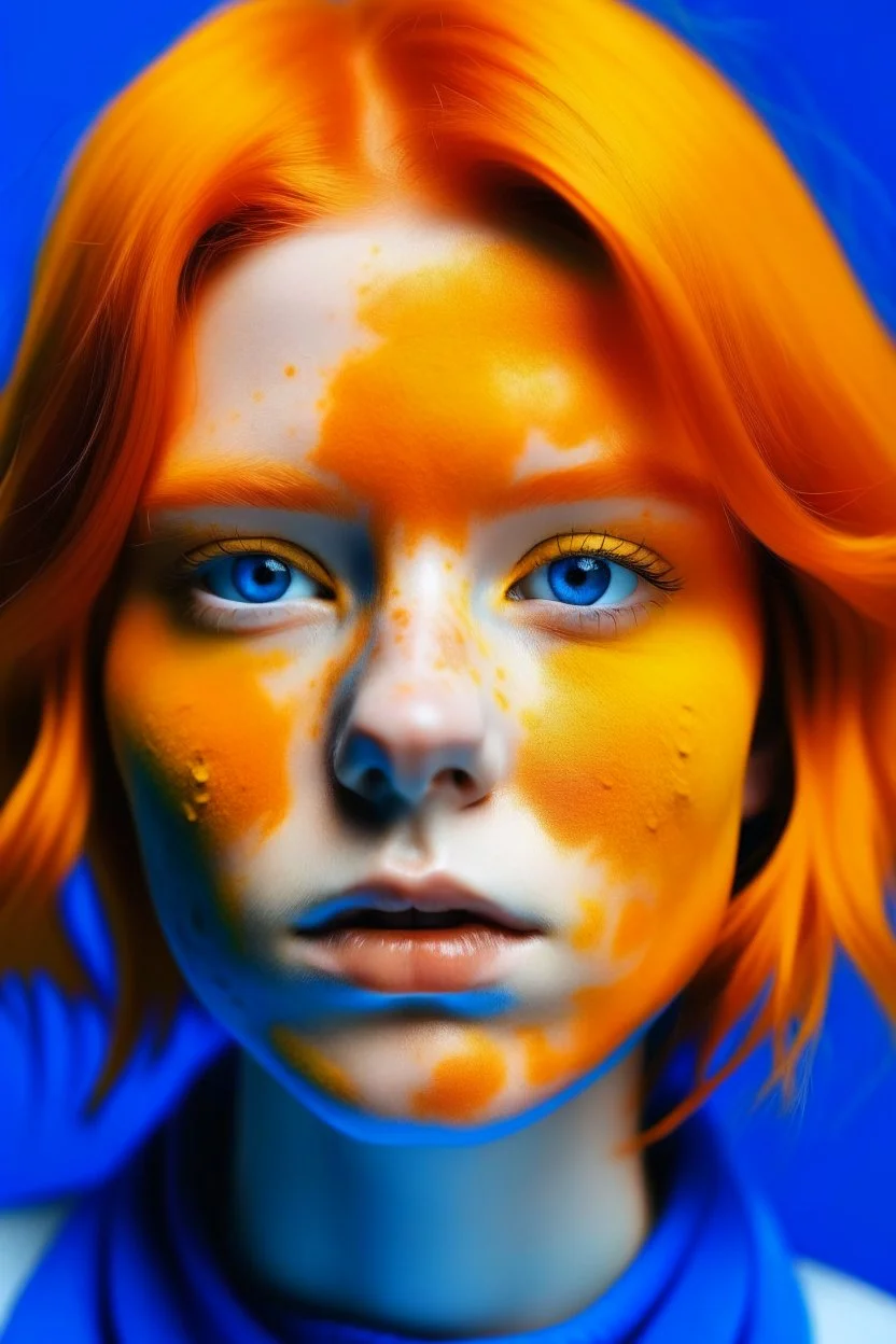 Girl face with indigo rubber effect in all face with orange sponge hair