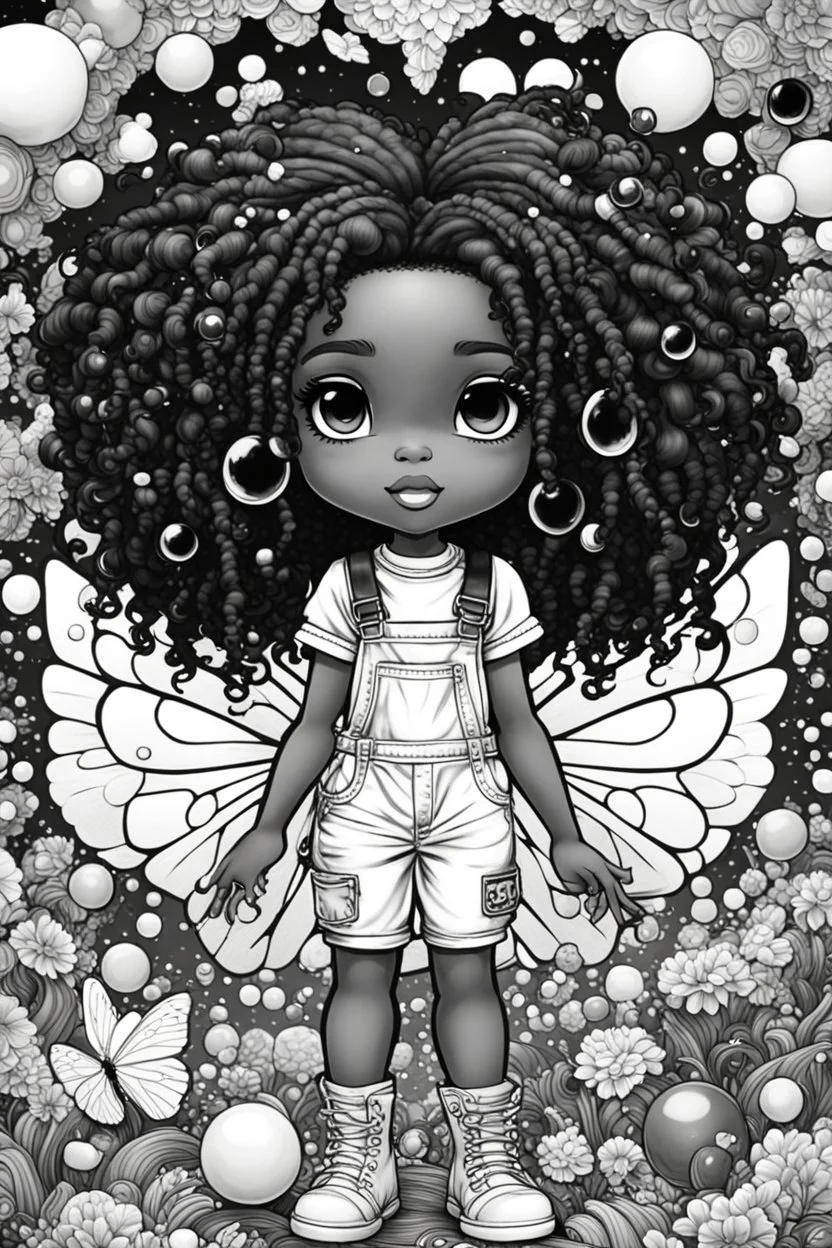 Create an coloring page of a psychedelic illustration of a chibi cartoon black young girl wearing overalls and boots. . Highly detailed sister locs. Background of a large bubbles and butterflies all around her, black and white