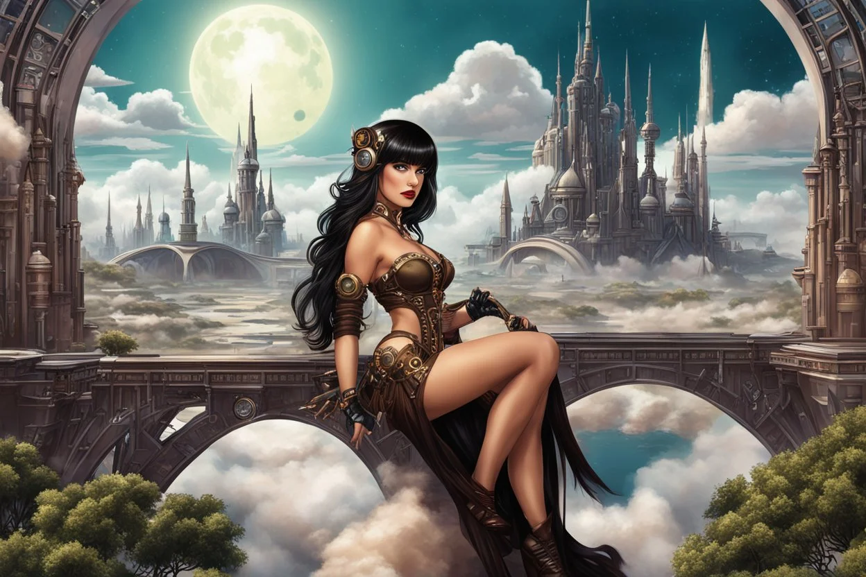 erotic sci-fi steampunk pin-up girl, with long dark hair with bangs, on an alien planet with cloud trees, tall spires, buildings, bridges, arches, photorealistic