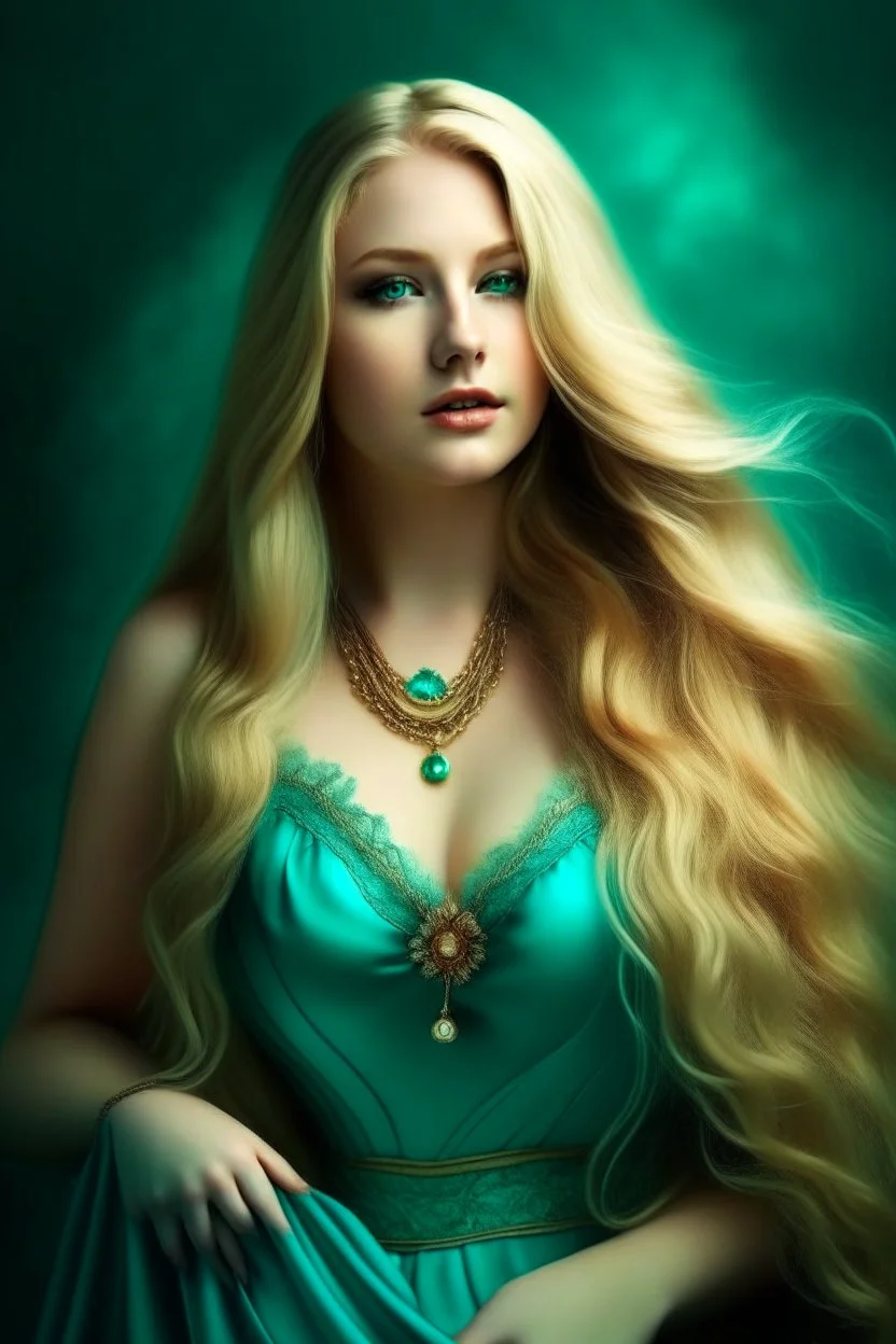 portrait of a goddess with long blond hair, curvy body, warm-hearted, turquoise