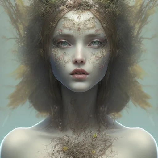 Portrait of beautiful girl, plant, metal, feathers, Dryad, fae, sidhe, ominous, nature, plants, wildflower, facepaint, dnd character portrait, intricate, oil on canvas, masterpiece, expert, insanely detailed, 4k resolution, retroanime style, cute big circular reflective eyes, cinematic smooth, intricate detail , soft smooth lighting, soft pastel colors, painted Renaissance style,bokeh,macro lens, 800mm lens