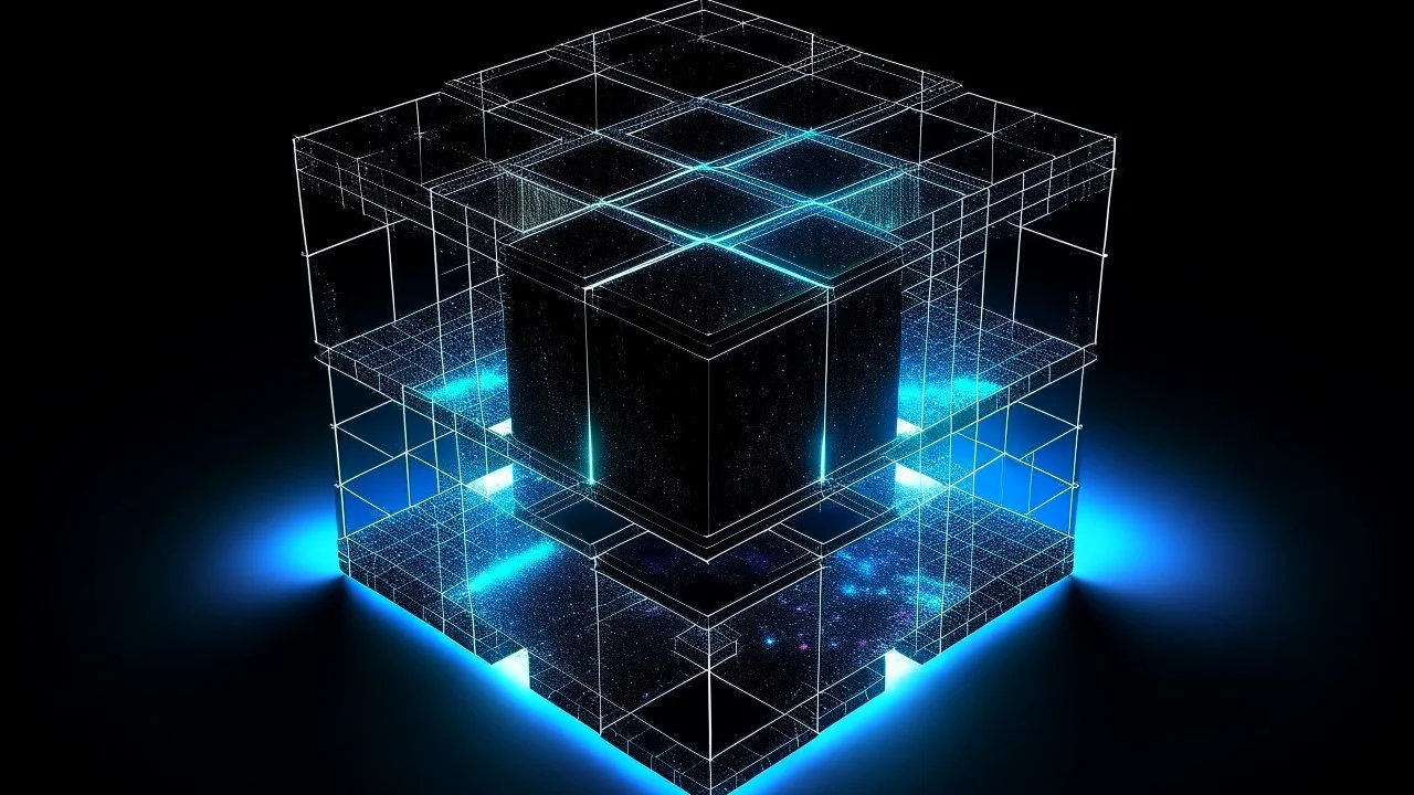 Cube tesseract located strictly in the middle of picture with space around it and with glow in tesseract, but without glow below it, without background or table. For 404 error page.