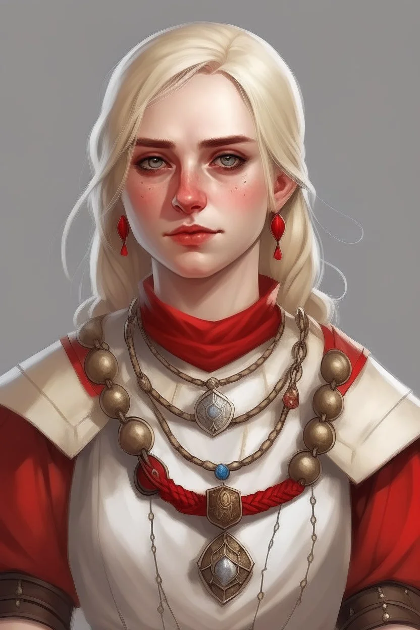 22-year old, blonde, grey-eyed# female human cleric with a necklace of red beads, wearing scale mail