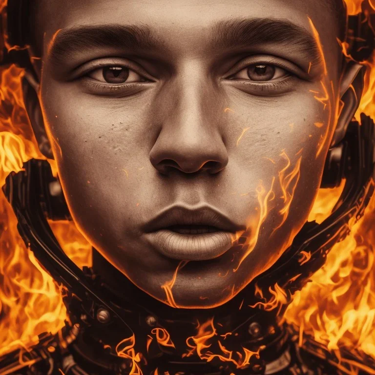 portrait photography of perfect face mbappe crying, Fire theme art, Dark moody night atmosphere, 8K, close-up face, ignore NSFW,magic,city, steampunk, chief ,apocalypse, set , sorrow,cyborg,