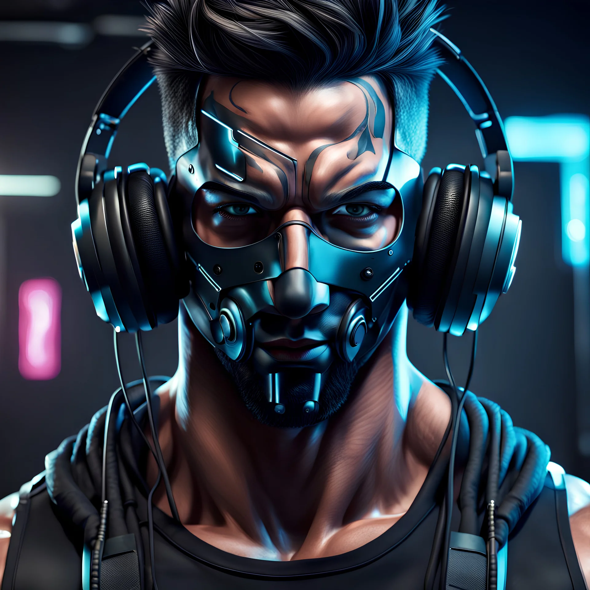 Man, realistic, muscular, front face, mask face, headphones, gym, cyberpunk