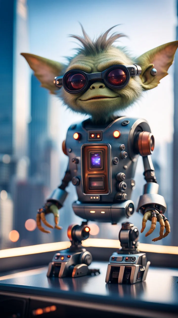 Hairy Gremlin pimp robot on hipster star ship parked on top of sky scraper,bokeh like f/0.8, tilt-shift lens 8k, high detail, smooth render, down-light, unreal engine, prize winning