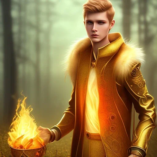 Male, Human, Blond, Sorcerer, Fire Mage, Golden Eyes, Young, Photorealism, Full Body Shot, Forest Background