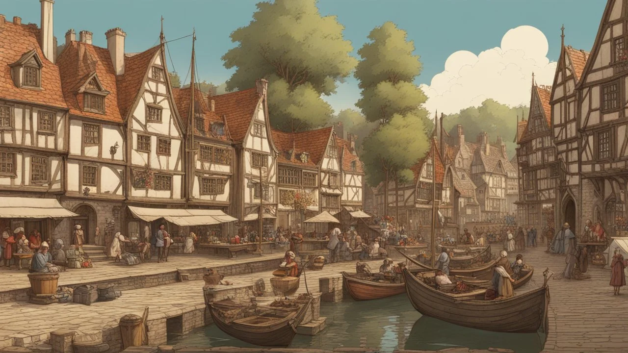 gothic medieval harbour with ships, piers, houses, shops, inns, balconies, plants, people, market