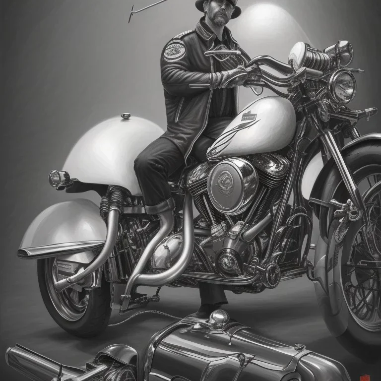 technical concept study, pencil sketch, harley davidson, A man sitting on a motorcycle with a casket hat