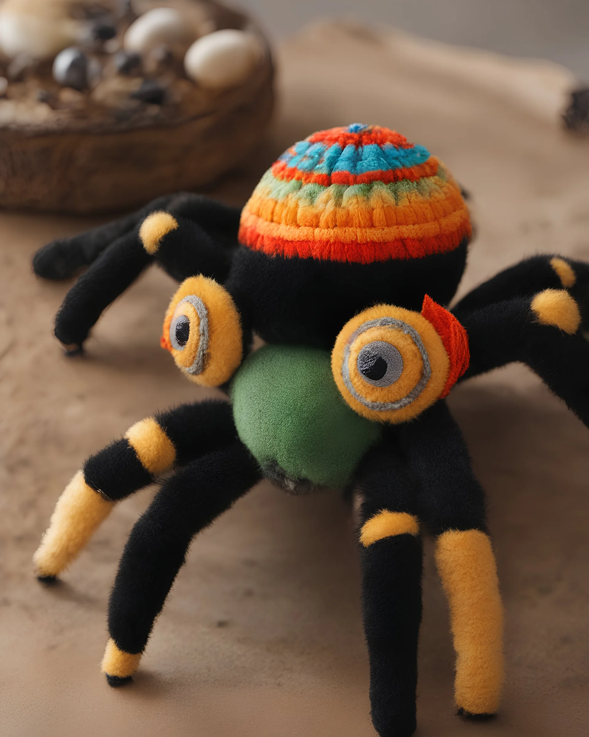 A close-up shot of a high-quality, handmade plush spider toy, showcasing the intricate details of its carefully embroidered eyes, vibrant colors, and lifelike appearance. [Handmade Plush Spider, Close-Up Shot, Intricate Embroidery, Vibrant Colors, Lifelike Appearance, High-Quality Craftsmanship]