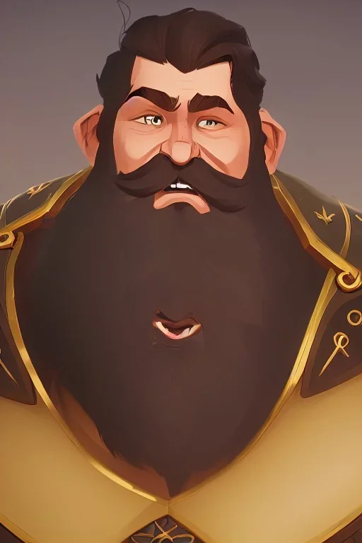 Medieval Fantasy Bearded strong man wearing a thick fur-lined merchant's coat, wearing gold rings, divine, halo, happy smiling, portrait, high definition, realistic, long hair, dynamic lighting, volumetric lighting, mustache